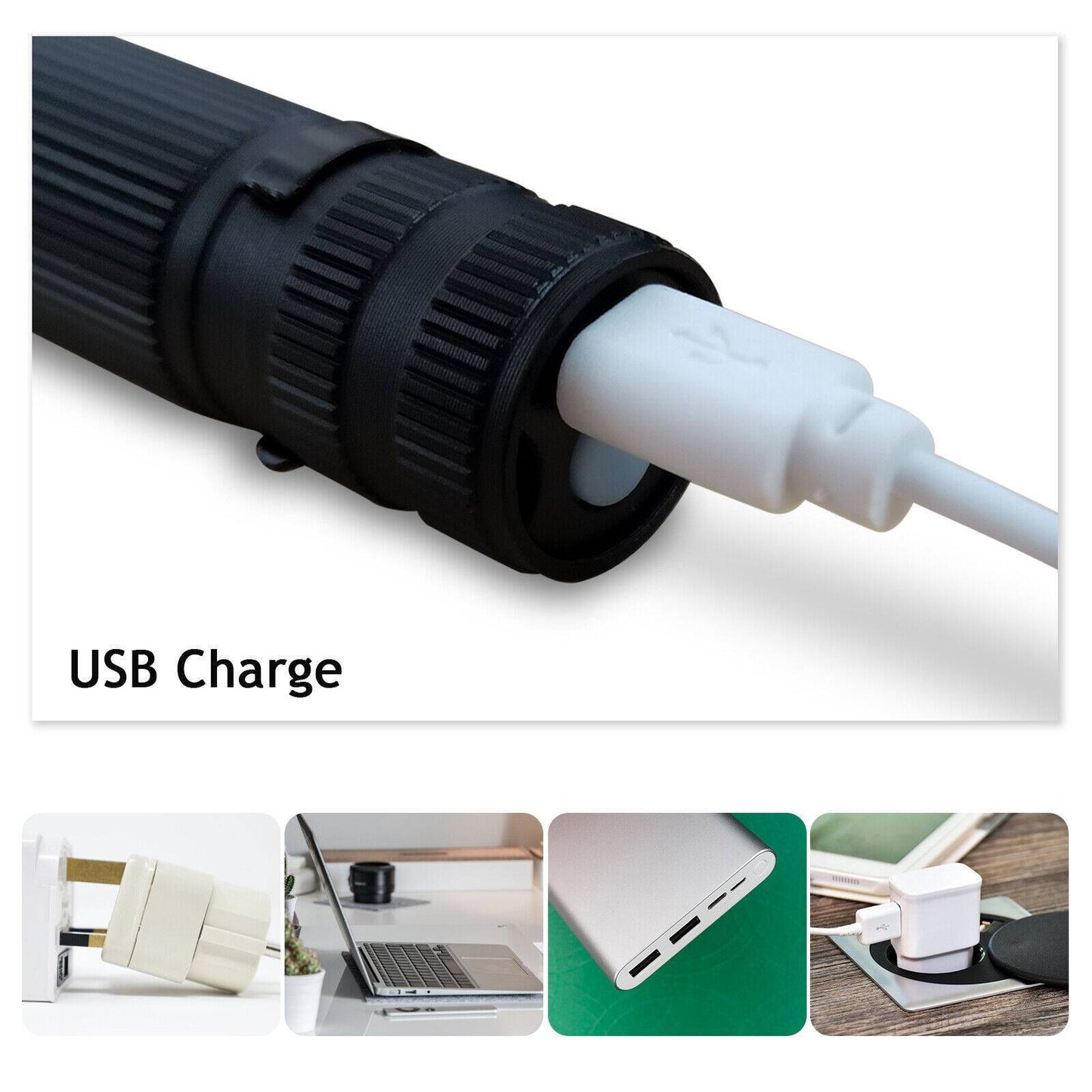 Lampe de poche LED rechargeable 3 modes torche zoomable câble USB