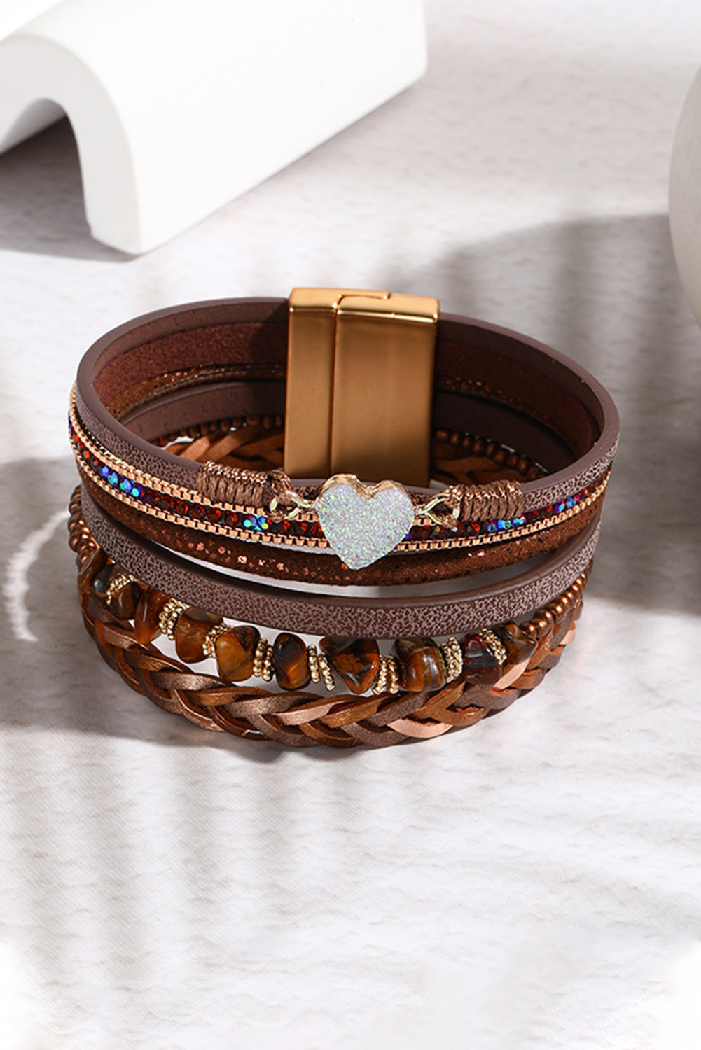 Bracelet en PU vintage multicouches avec cœur pailleté marron