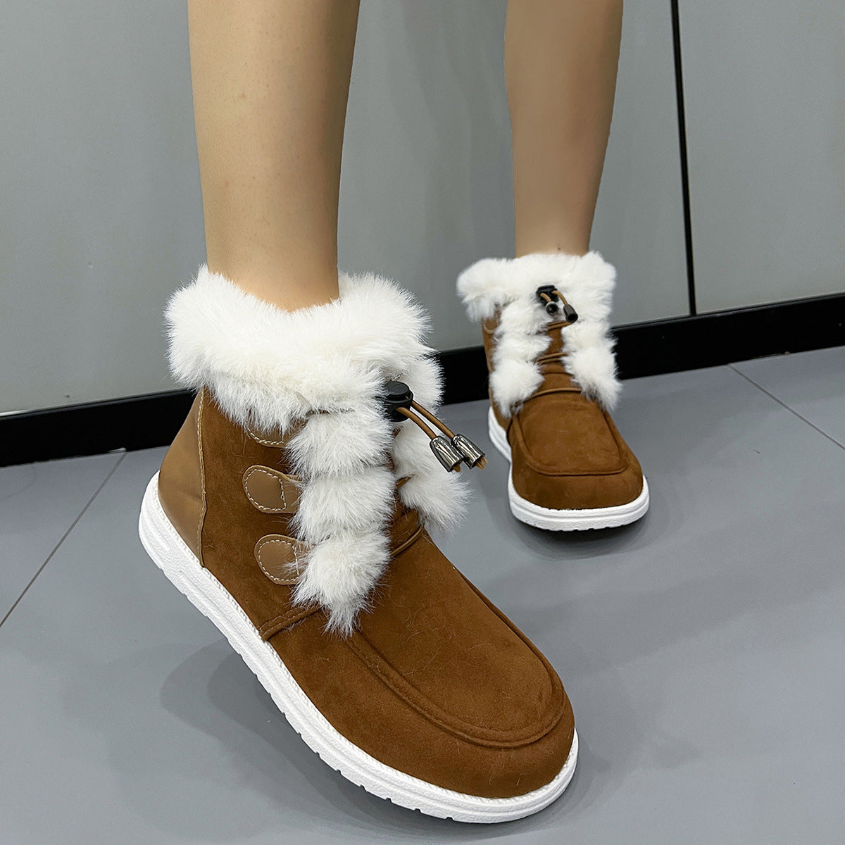 chaussures d'hiver chaudes en daim plaire et peluche à bout rond en coton pur femme