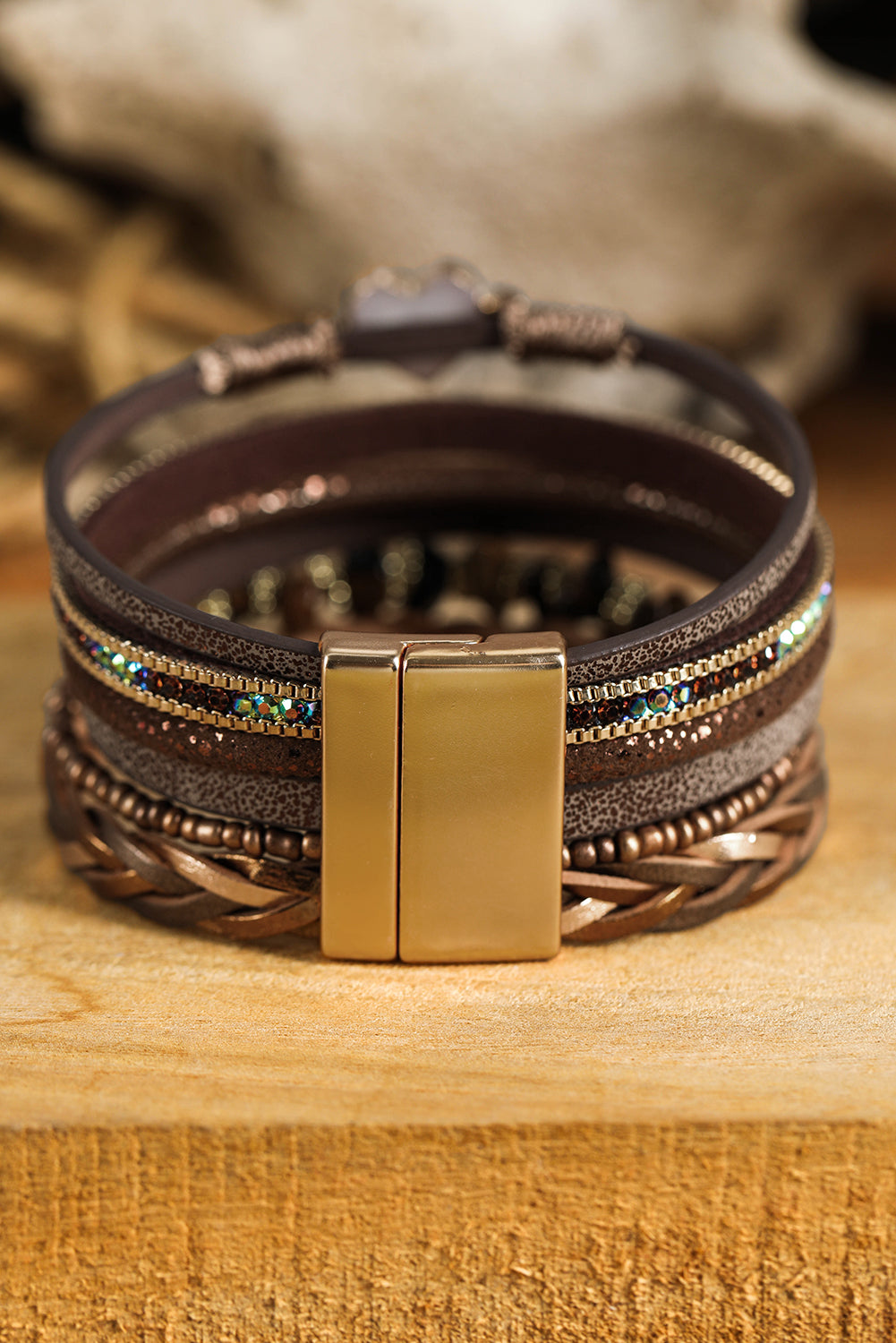 Bracelet en PU vintage multicouches avec cœur pailleté marron