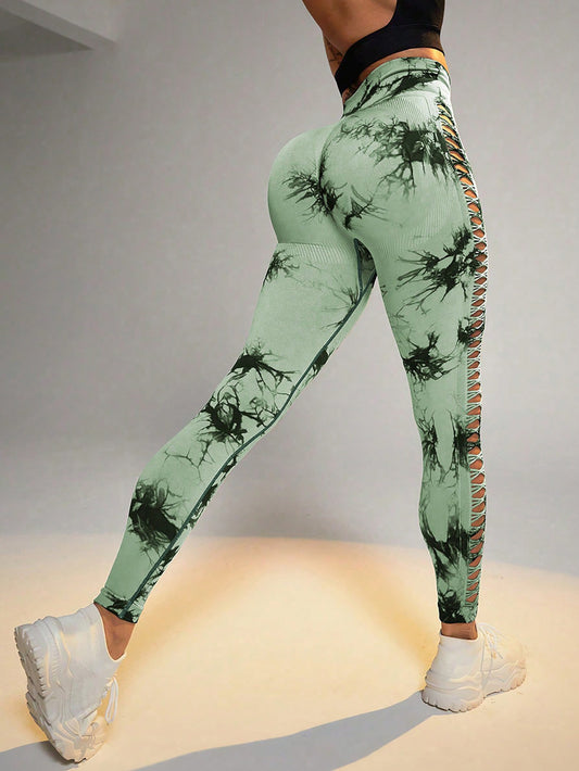 Paquet de 3 leggings de sport découpés tie-dye pour femme. Leggings taille haute sans couture taille haute