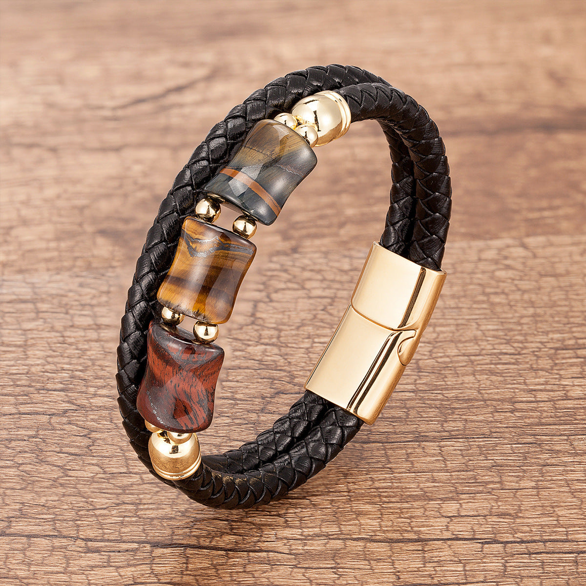 Nouveau Bracelet tressé en cuir avec pierres en bambou et œil de tigre