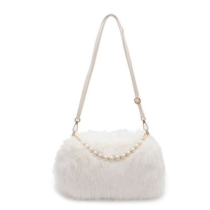 Sac à bandoulière avec chaîne et perles, en peluche  pour femme, mode automne et hiver