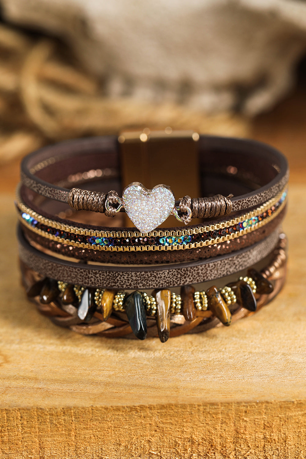 Bracelet en PU vintage multicouches avec cœur pailleté marron