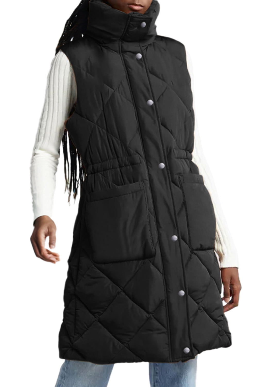 Manteau bouffant matelassé noir avec col montant et gilet à poches