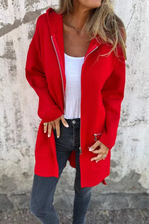 Veste à capuche zippée de couleur unie rouge flamboyant