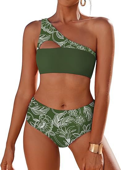 Bikini Taille Haute – Épaule Unique, Réversible & Imprimé Végétal