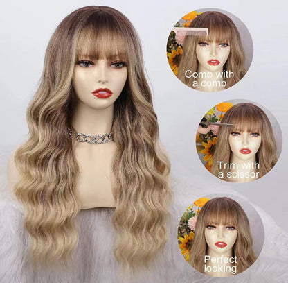 Perruque blonde cendrée de 6 pouces longue avec frange, cheveux ondulés naturels