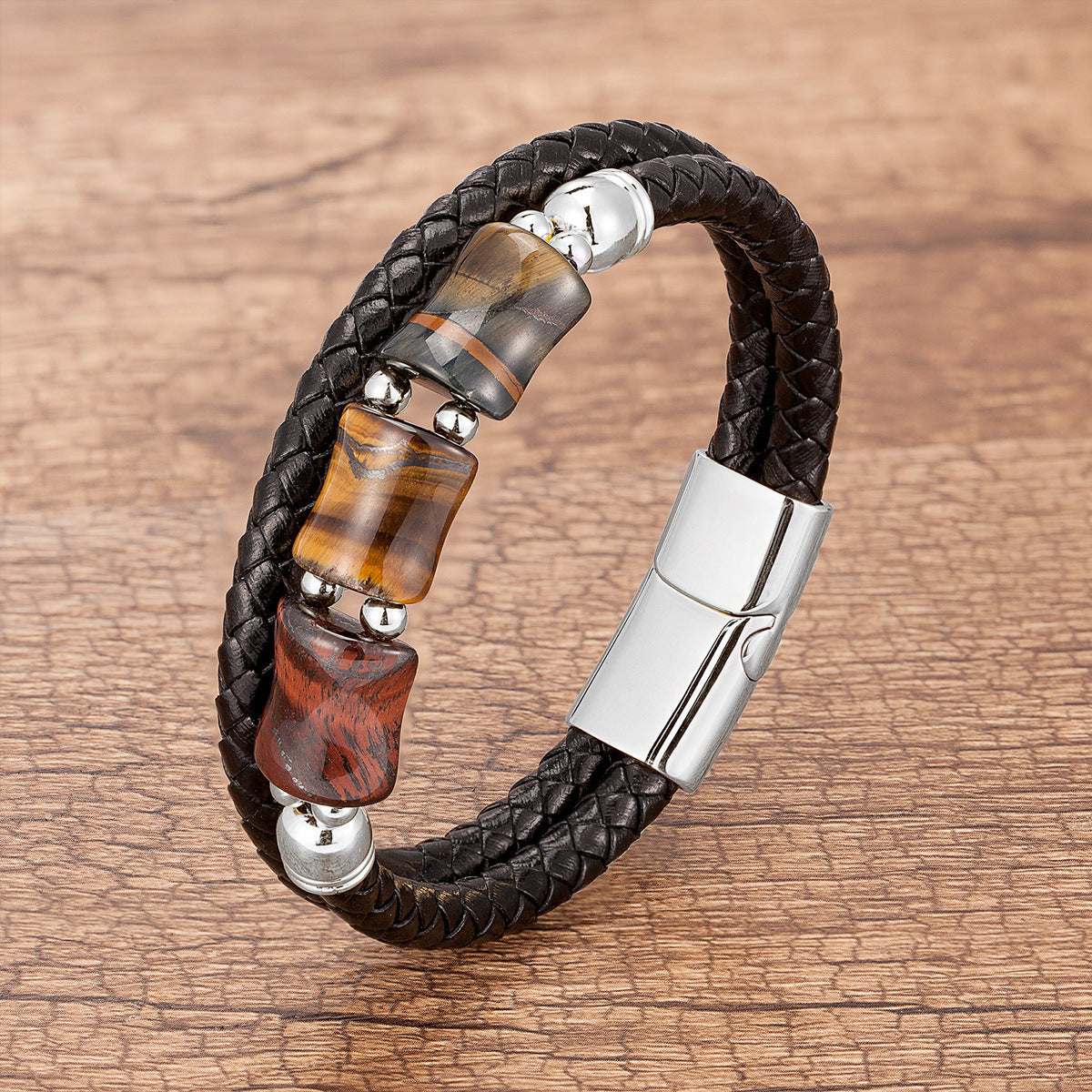 Nouveau Bracelet tressé en cuir avec pierres en bambou et œil de tigre