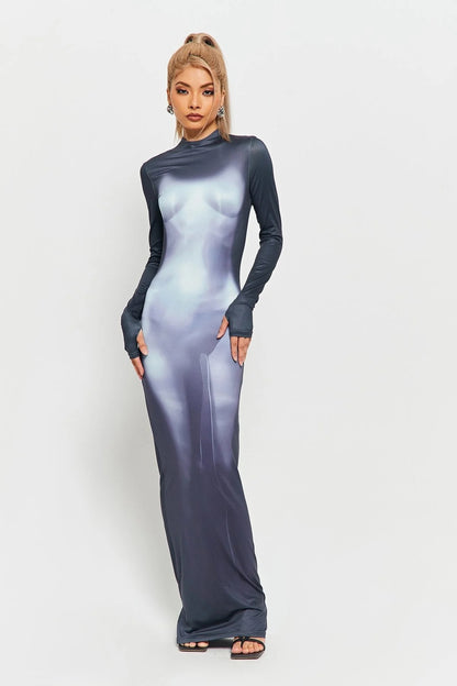 Robe de soirée à manches longues et super longue avec impression 3D