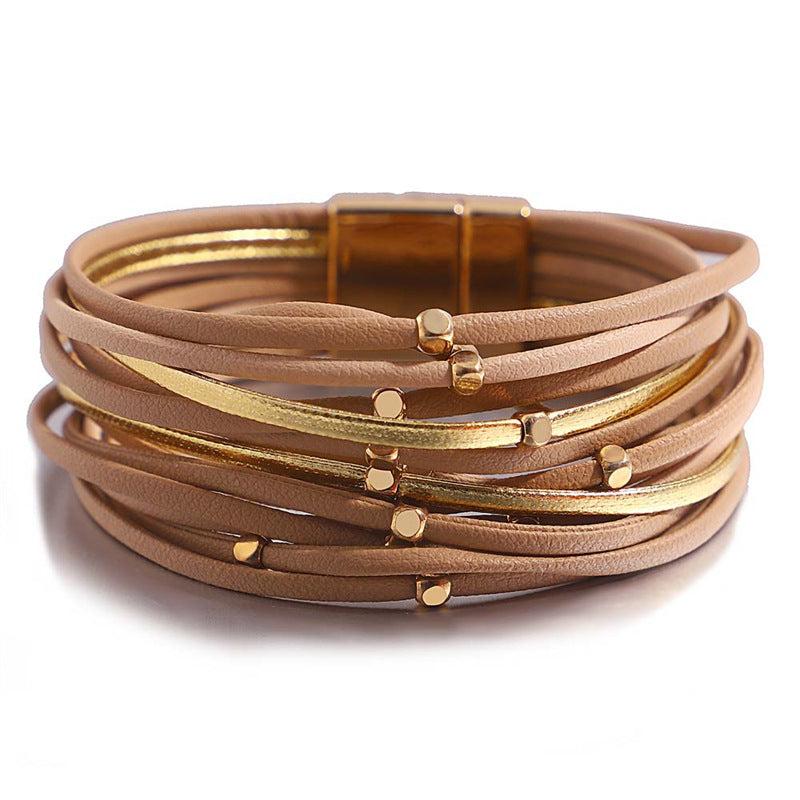 Bracelet vintage en cuir souple avec perles pour femme