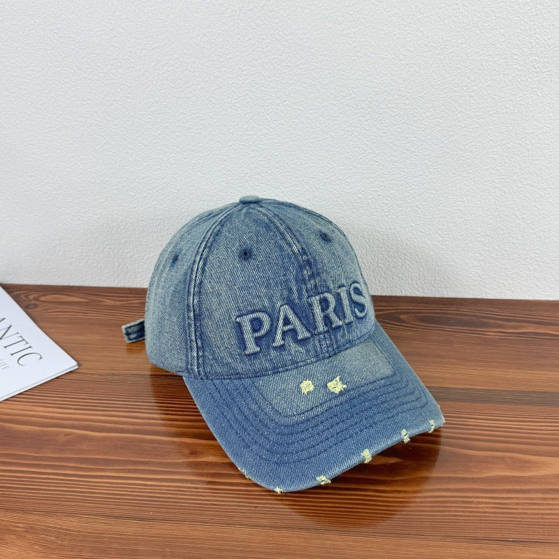 Casquette de baseball en denim délavé avec trou et visière