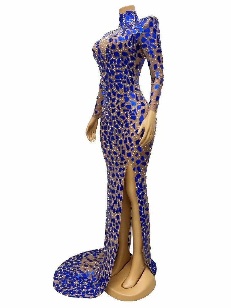 Robe de soirée de performance sexy élégant col roulé robe bleue à lentilles robe de banquet
