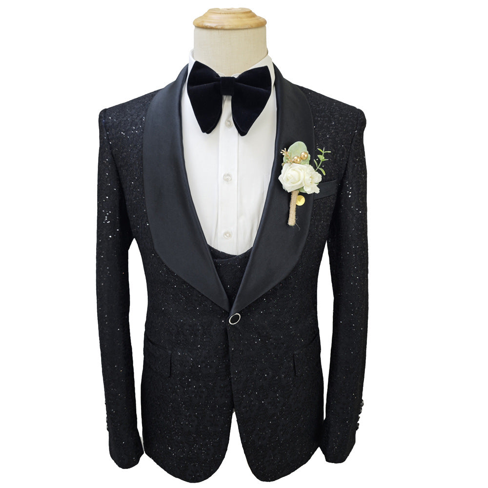 Ensemble de costume noir brillant pour homme, 3 pièces, costumes de mariage en dentelle pour garçons d'honneur