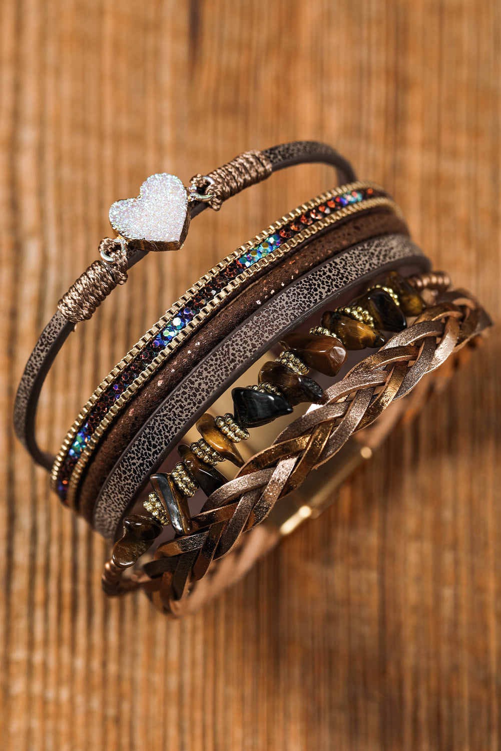 Bracelet en PU vintage multicouches avec cœur pailleté marron