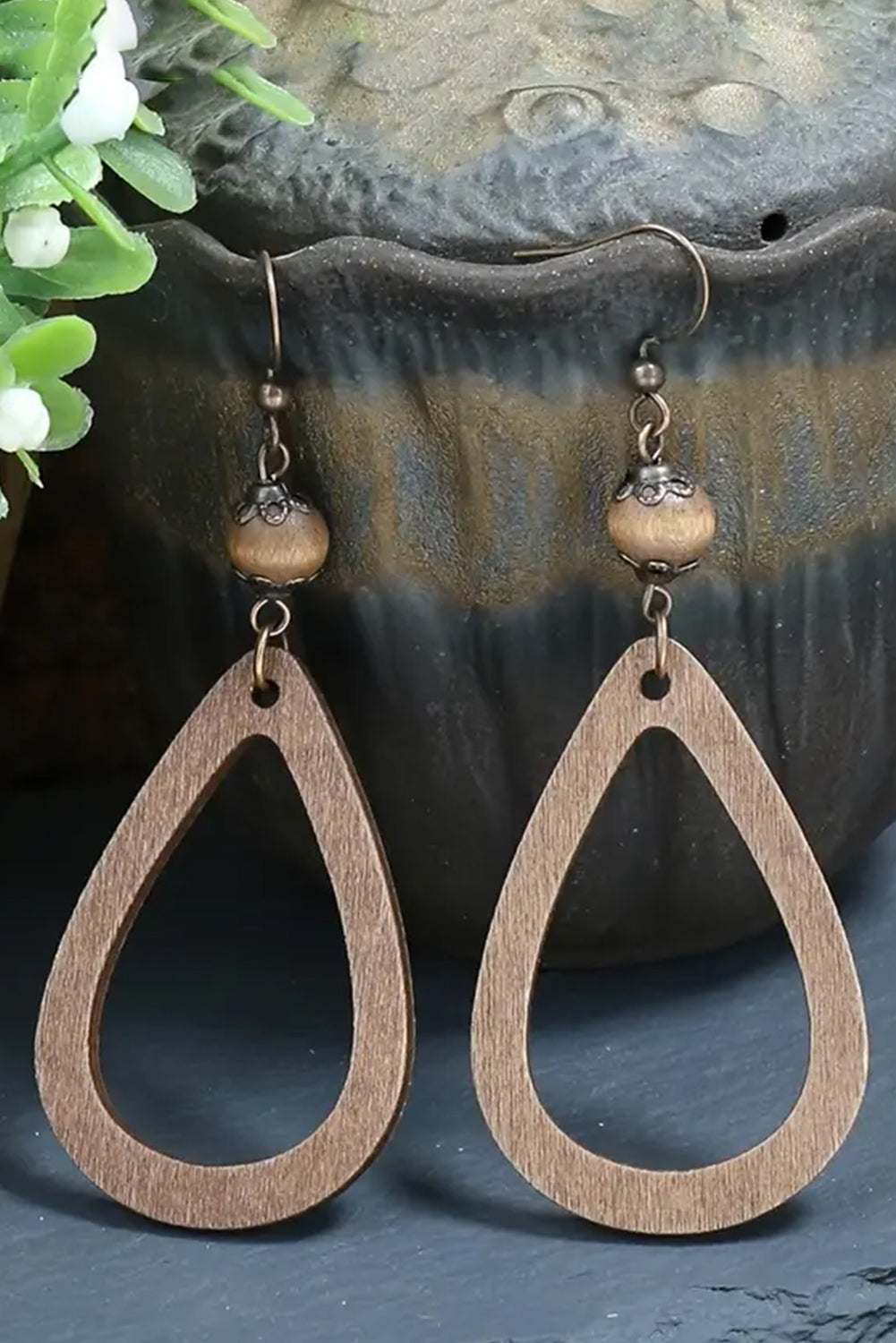 Boucles d'oreilles en forme de goutte d'eau en bois vintage marron