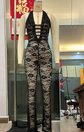 Combinaison slim dos nu en dentelle pour femmes avec corde en crosse