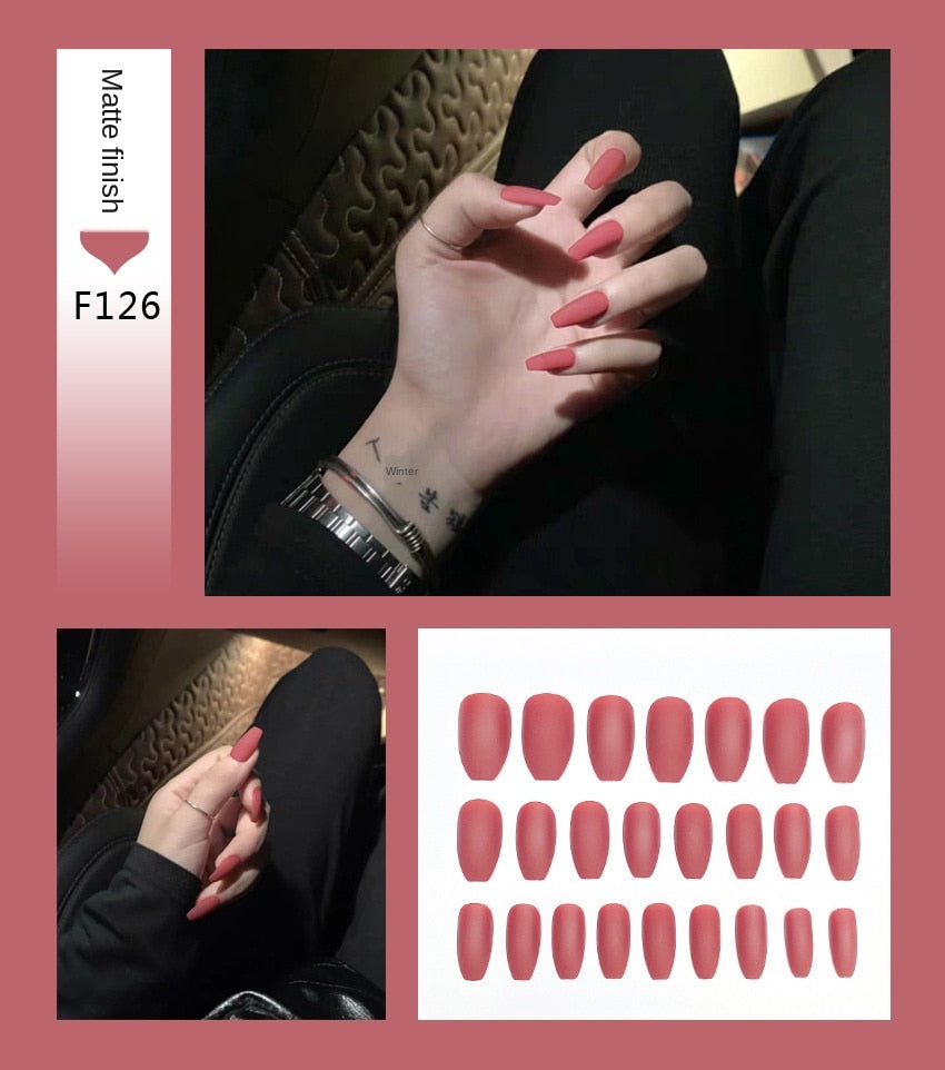 Faux ongles – Stiletto longs, transparents, mat, complets, avec colle
