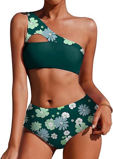 Bikini Taille Haute – Épaule Unique, Réversible & Imprimé Végétal