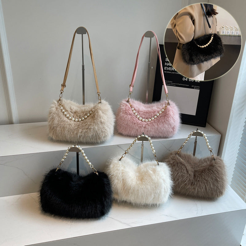 Sac à bandoulière avec chaîne et perles, en peluche  pour femme, mode automne et hiver