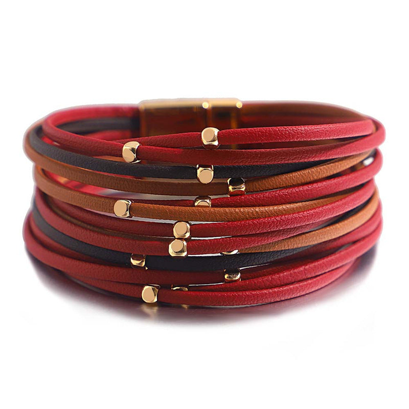 Bracelet vintage en cuir souple avec perles pour femme