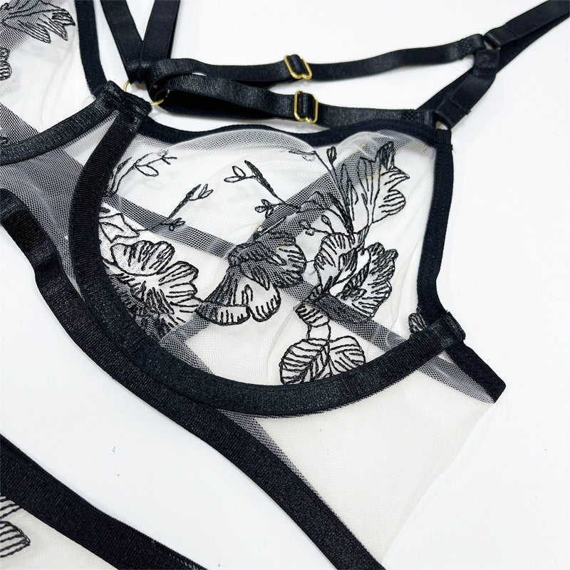 Ensemble trois pièces en dentelle et maille à imprimé floral pour femmes