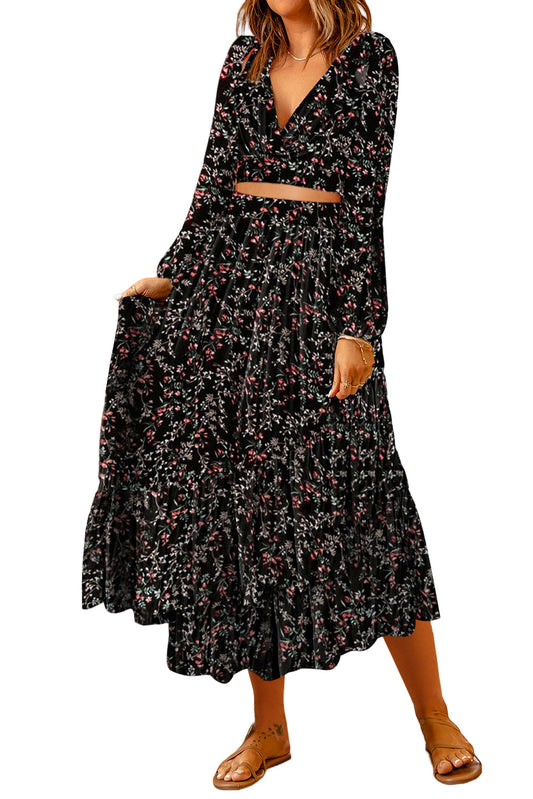 Ensemble floral noir jupe midi en V