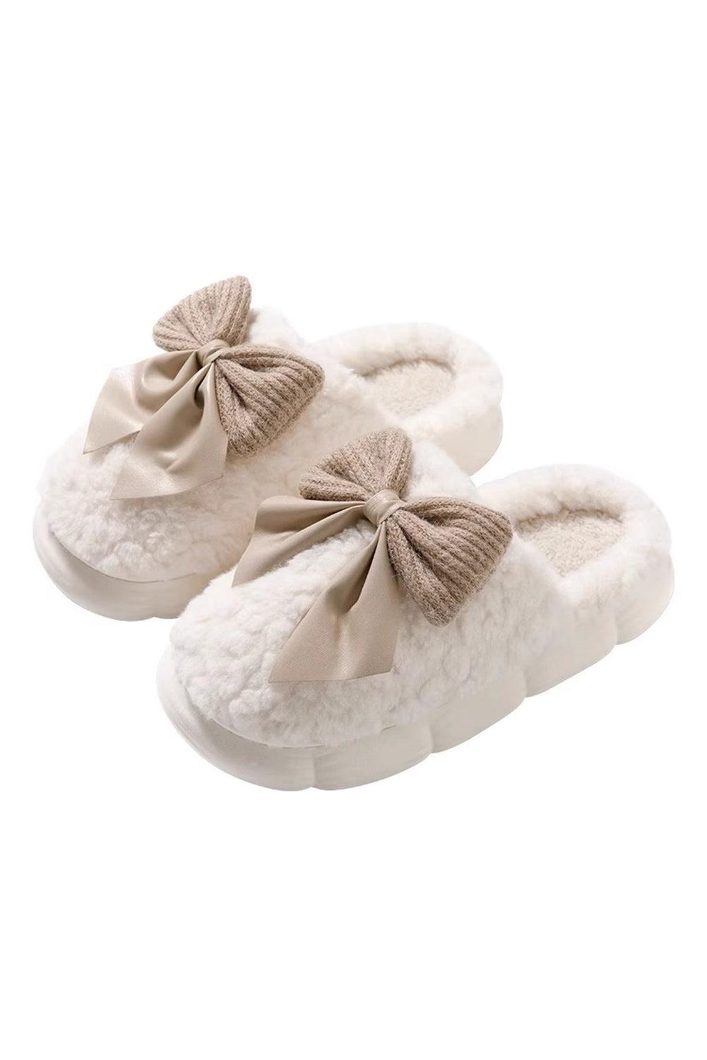 Chaussons d'hiver en peluche à nœud contrasté blanc