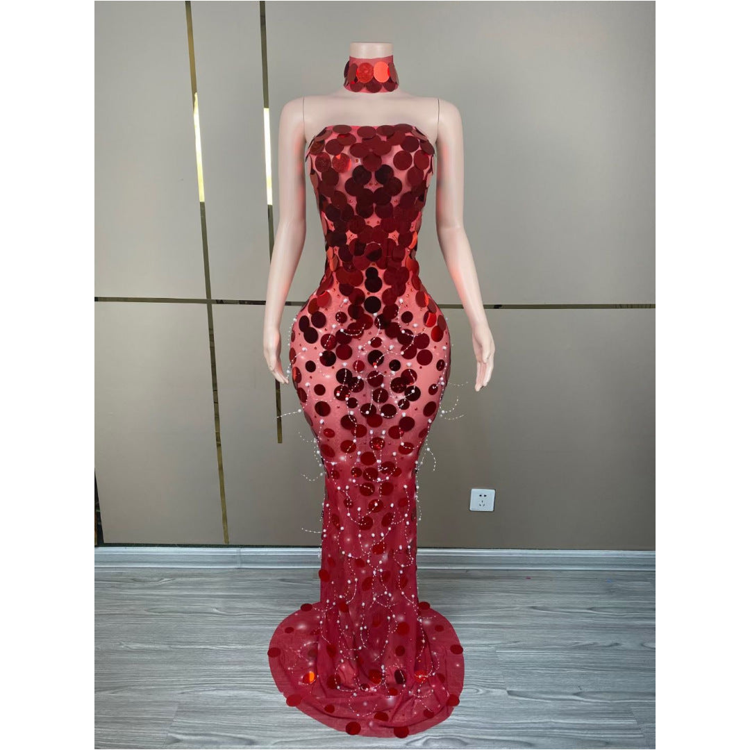 Robe tube à paillettes, robe de soirée, de banquet, costume de scène pour passer la serpillière