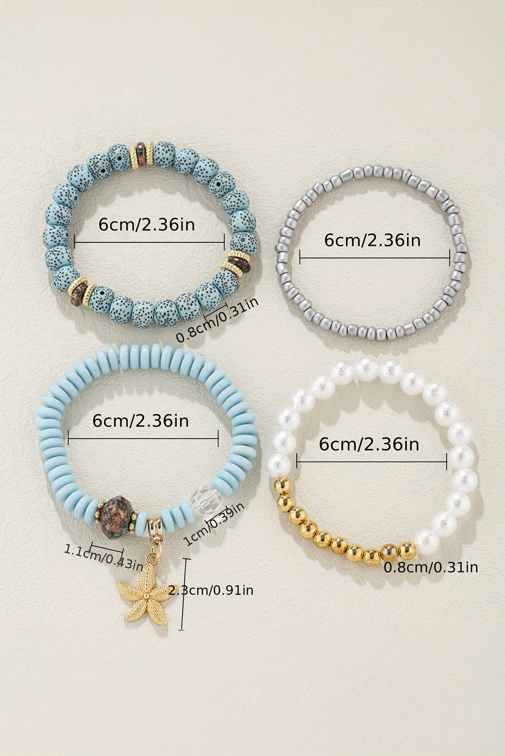 Lot de 4 bracelets perlés avec pendentif étoile de mer bleu clair