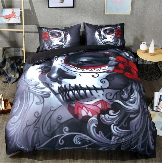 Ensemble de literie style Halloween avec motif de crâne noir | Ensemble de housse de couette avec mélange de coton