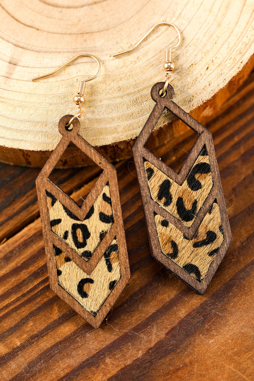 Boucles d'oreilles creuses en bois imprimé léopard marron