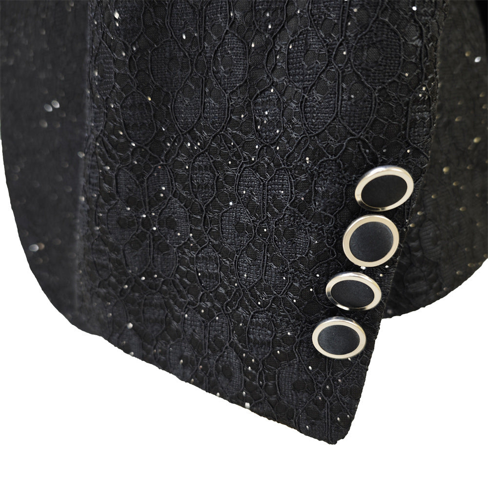 Ensemble de costume noir brillant pour homme, 3 pièces, costumes de mariage en dentelle pour garçons d'honneur