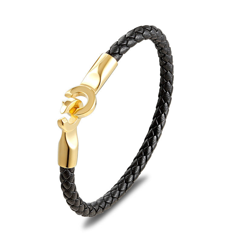 Bracelet en cuir tressé boucle simple en acier inoxydable pour homme