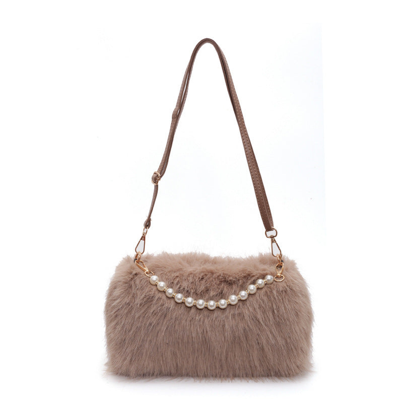 Sac à bandoulière avec chaîne et perles, en peluche  pour femme, mode automne et hiver