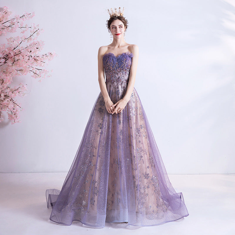 Robe de mariée bustier à paillettes violettes étoilées