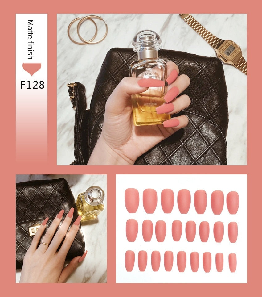 Faux ongles – Stiletto longs, transparents, mat, complets, avec colle