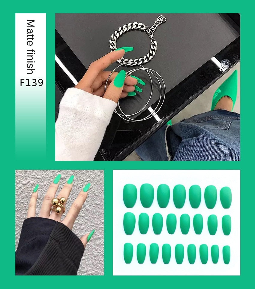 Faux ongles – Stiletto longs, transparents, mat, complets, avec colle