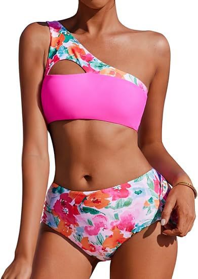 Bikini Taille Haute – Épaule Unique, Réversible & Imprimé Végétal