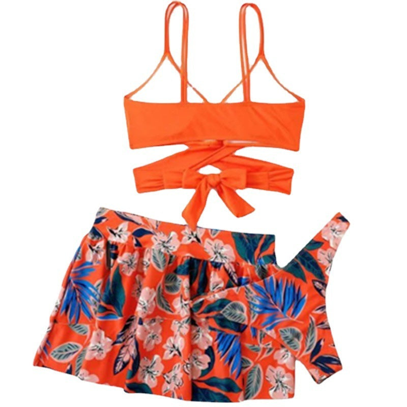 Maillot de bain trois pièces imprimé dos nu taille haute