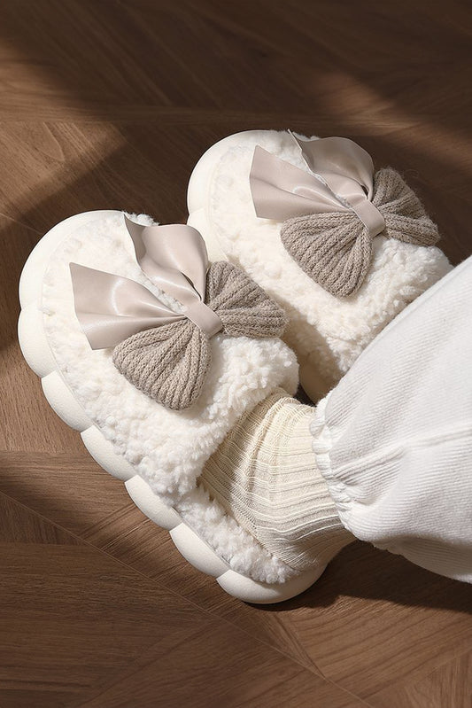 Chaussons d'hiver en peluche à nœud contrasté blanc