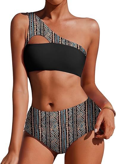 Bikini Taille Haute – Épaule Unique, Réversible & Imprimé Végétal