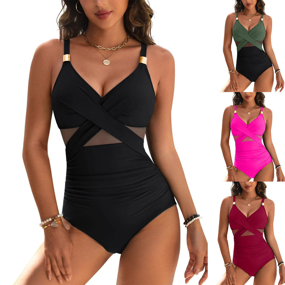 Maillot de bain une pièce en maille de couleur pure pour femmes