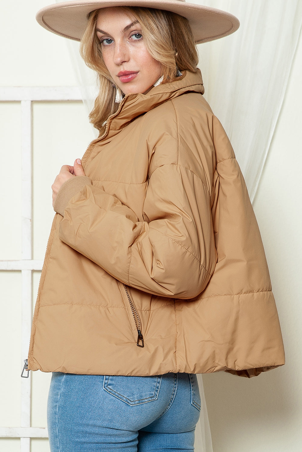 Manteau bouffant zippé à poches, solide, marron