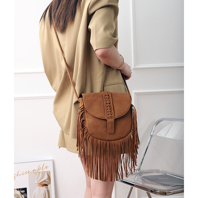 Sac Boho Femme – Cuir Souple, Tissé, Franges & Porté Épaule