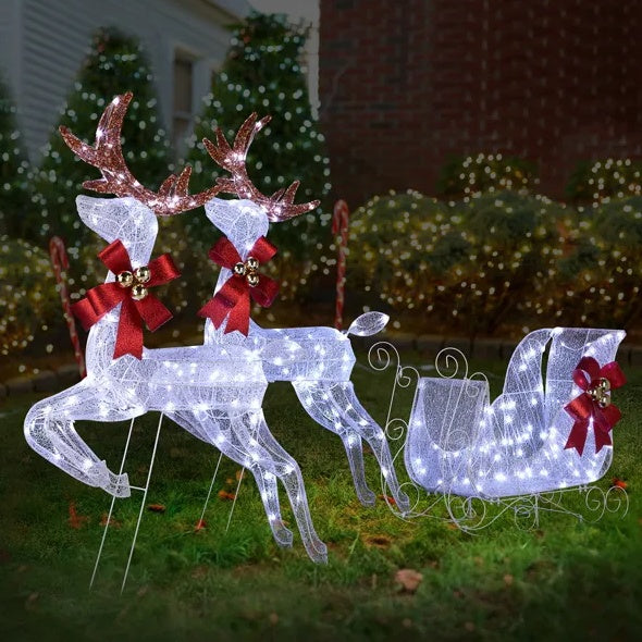 Ensemble 3 pièces éclairé de 2 rennes et traîneaux, décorations de Noël en plein air avec lumières blanches LED 270 pré-éclairées décoration intérieure éclairée,