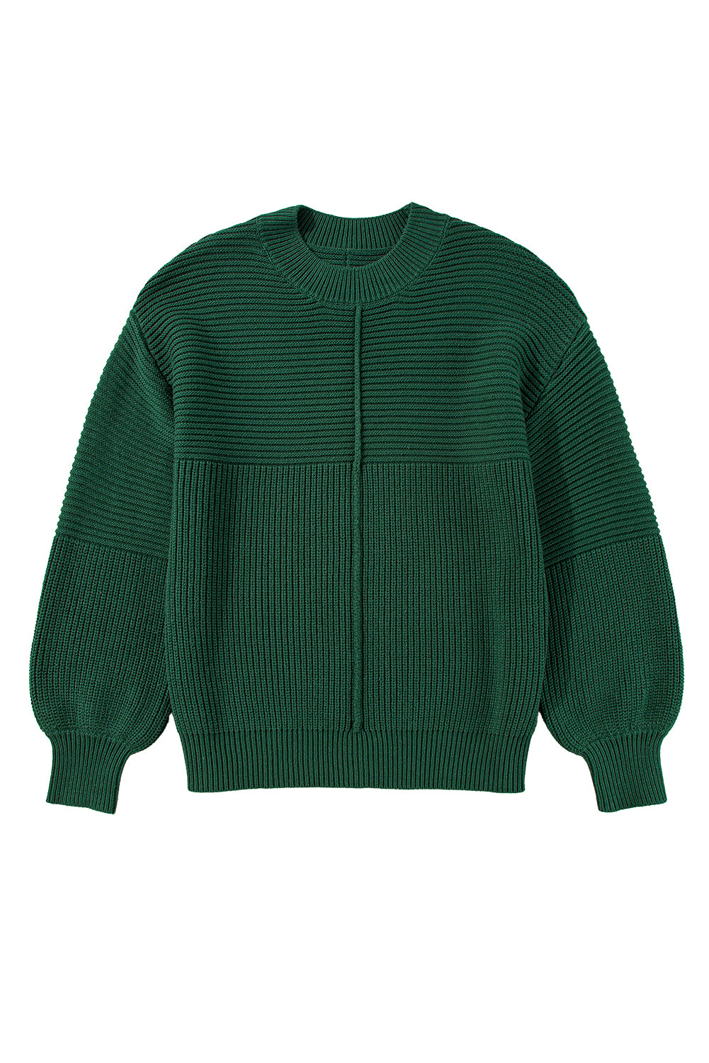 Pull à col ras du cou en tricot texturé vert noir avec manches lanternes