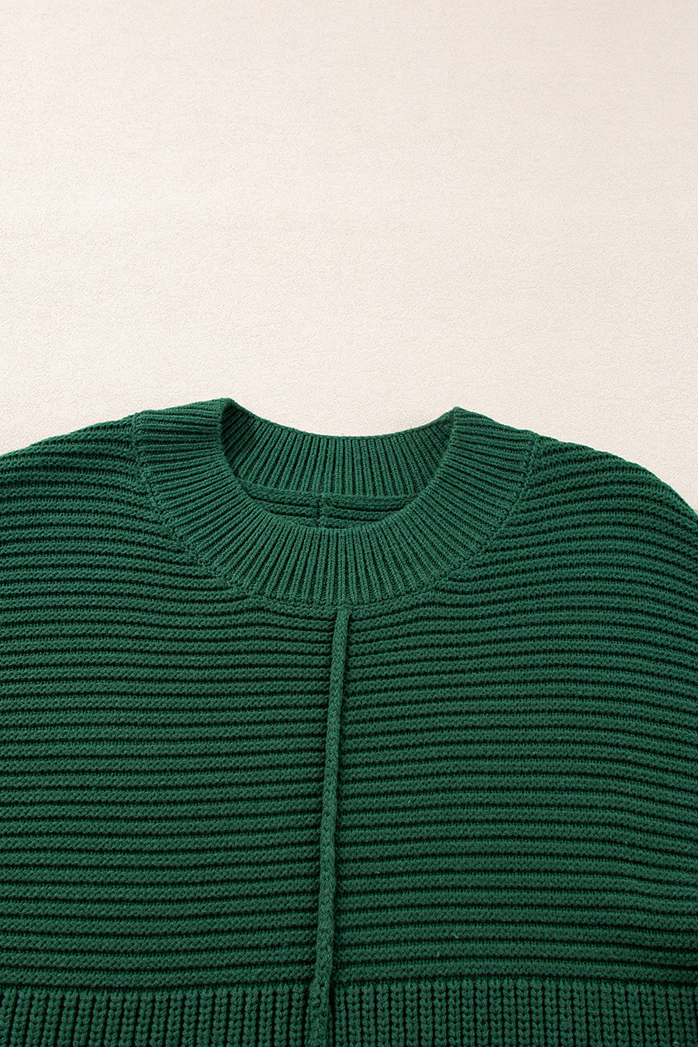 Pull à col ras du cou en tricot texturé vert noir avec manches lanternes