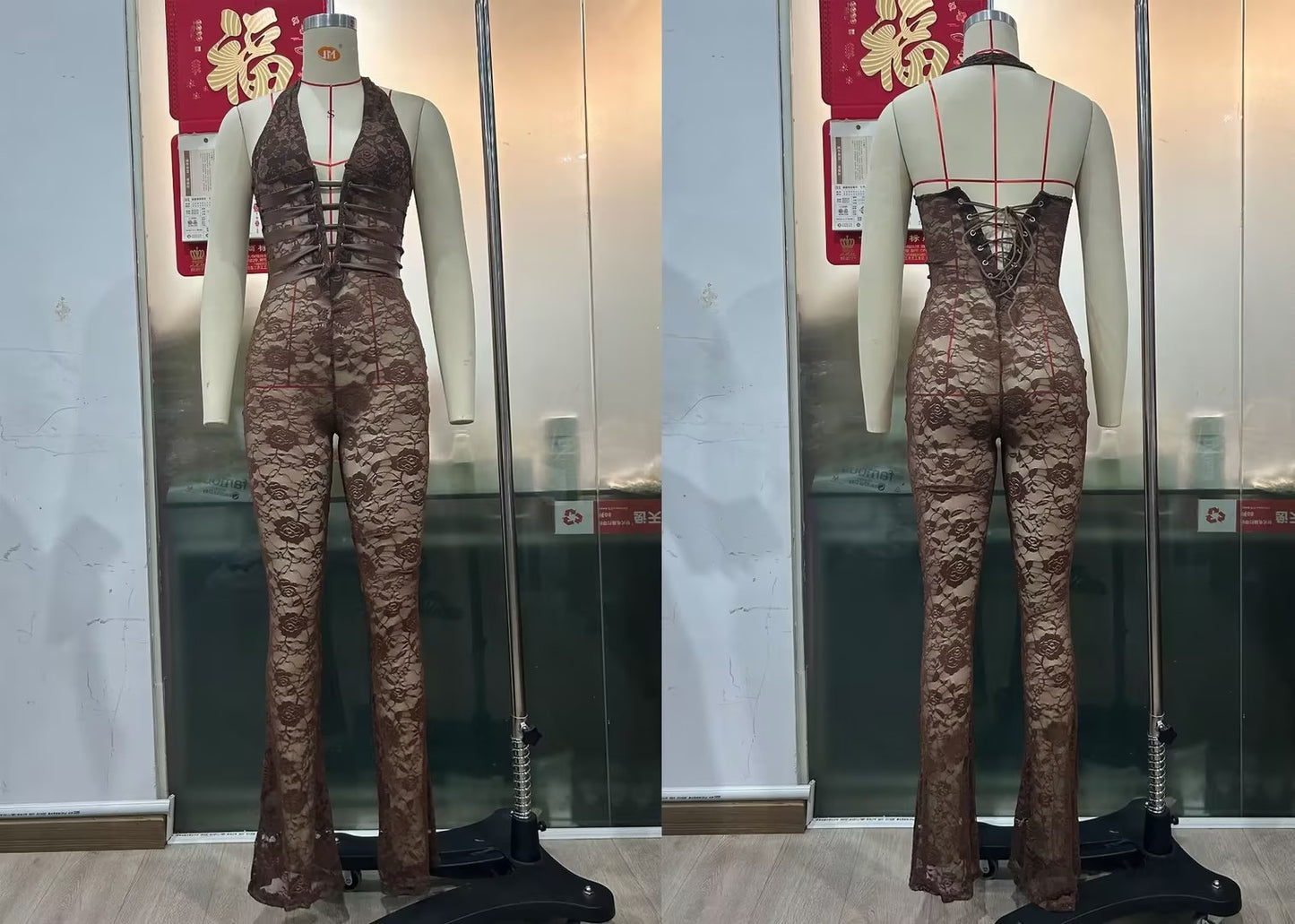 Combinaison slim dos nu en dentelle pour femmes avec corde en crosse