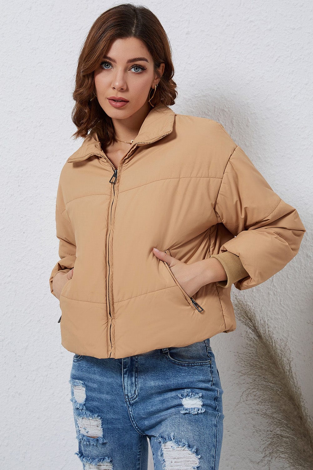 Manteau bouffant zippé à poches, solide, marron